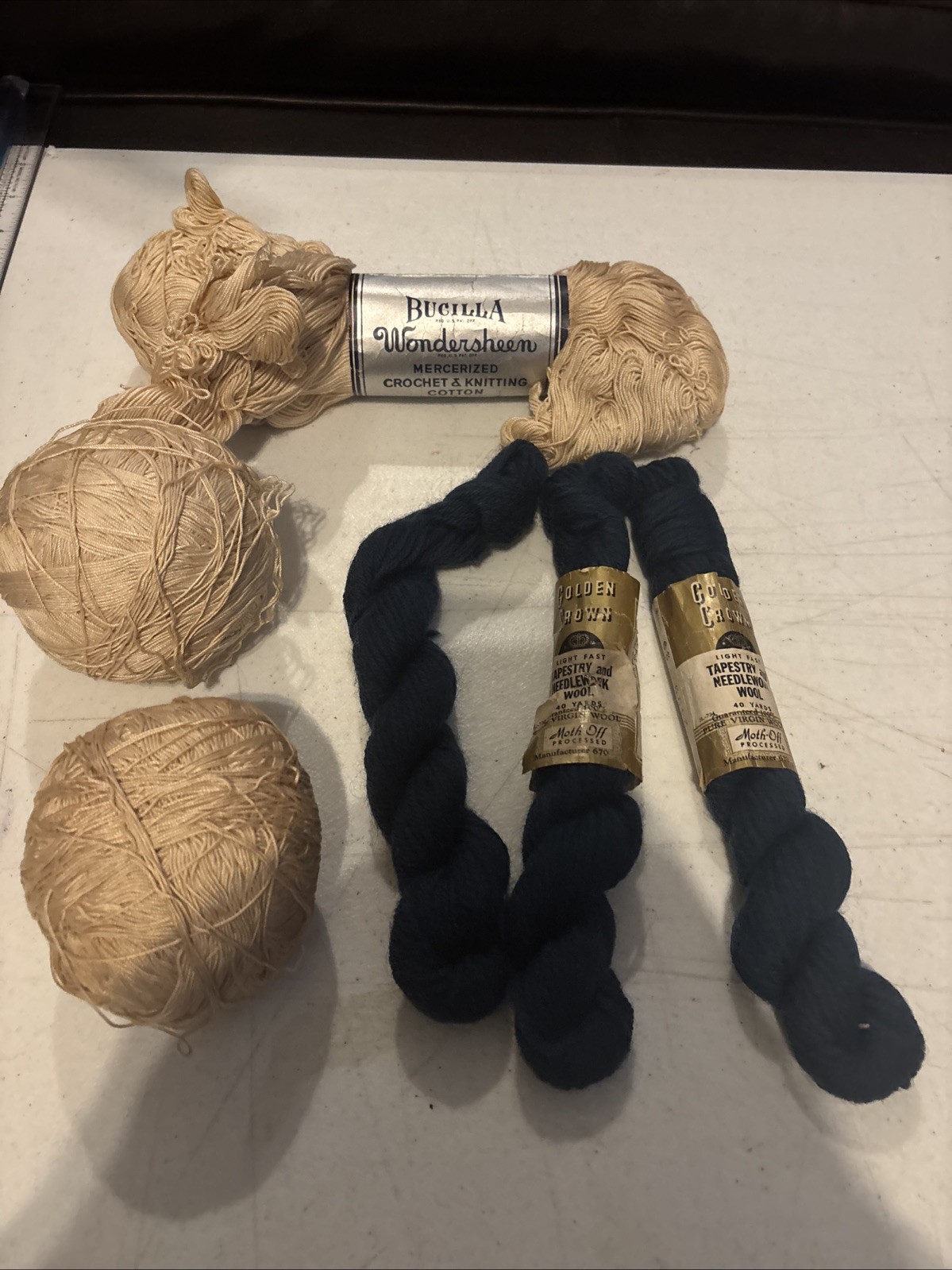 One 700 Yd Skein Bucilla Wondersheen Ivory/3 Skeins Golden Crown 40 Yd Wool (P)