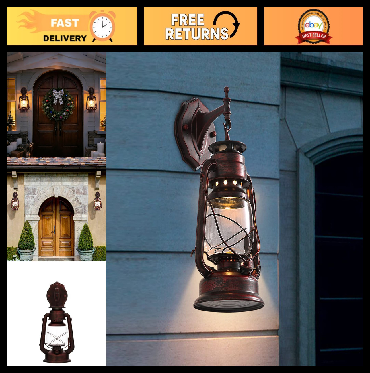 Rustic Vintage Wall Sconce Lantern Light Fixture, Waterproof Glass Shade, E26 Ba