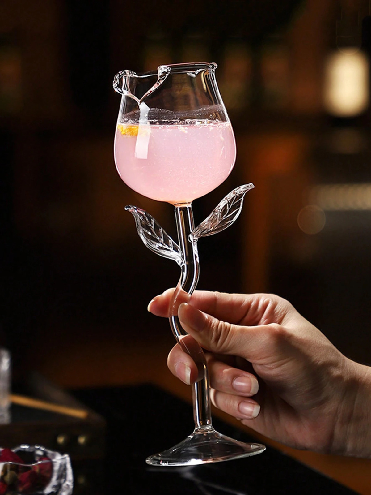 Rose Shaped Highball Glass, & Champagne Glass With Atmosphere Decoration