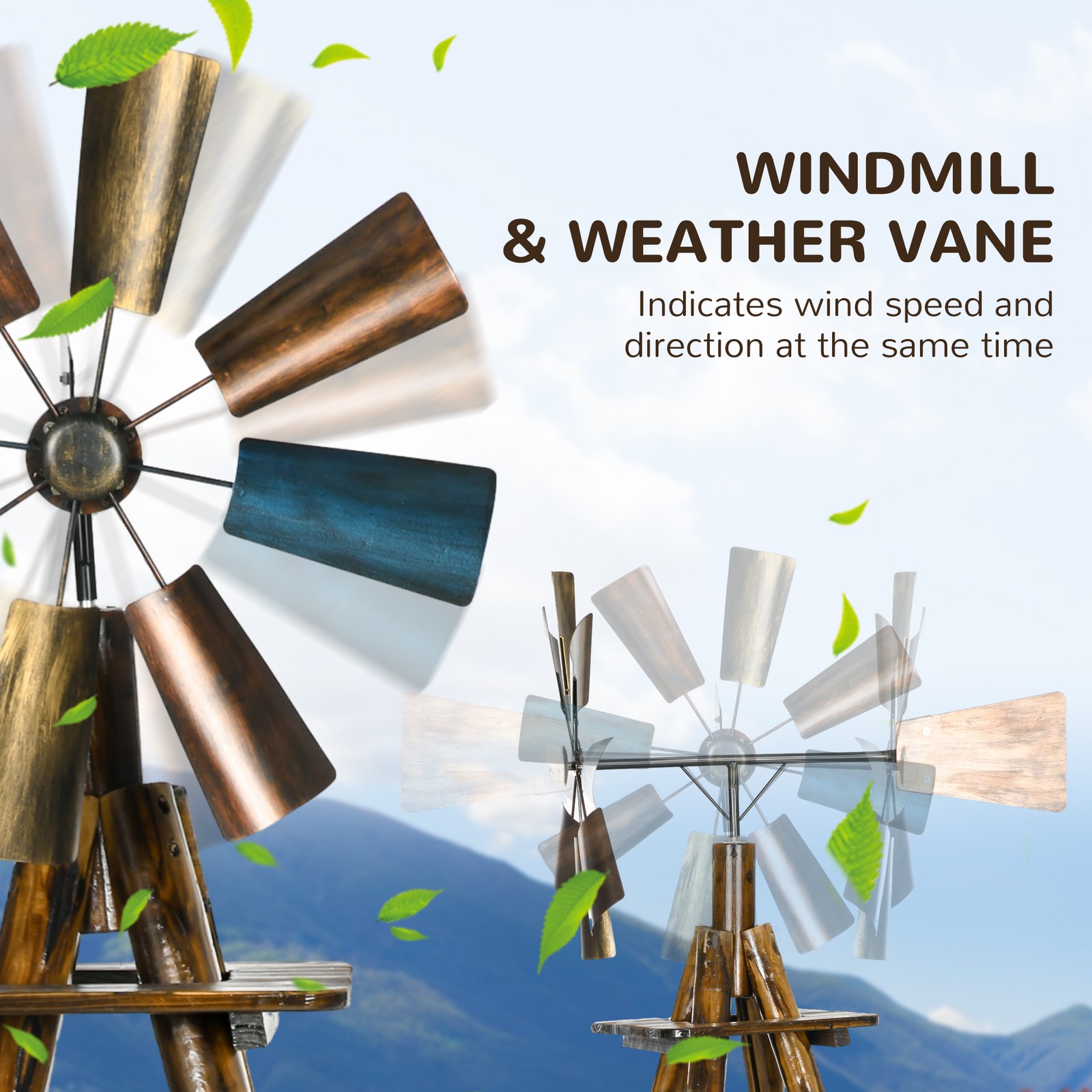Outsunny Windmill Weathervane with Bottom Shelf Weather Vane, Stained Wood