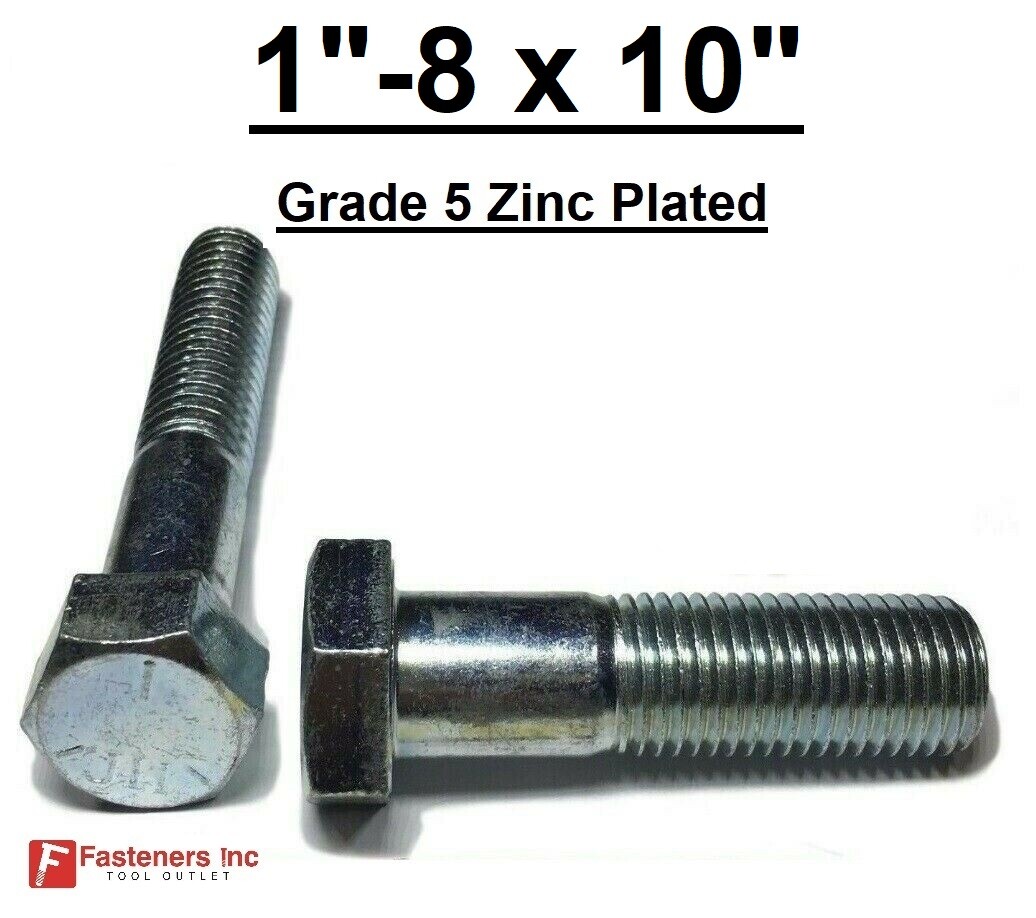 1"-8 x 10" Hex Bolt Zinc Plated Grade 5 Cap Screw Coarse Partial Thread
