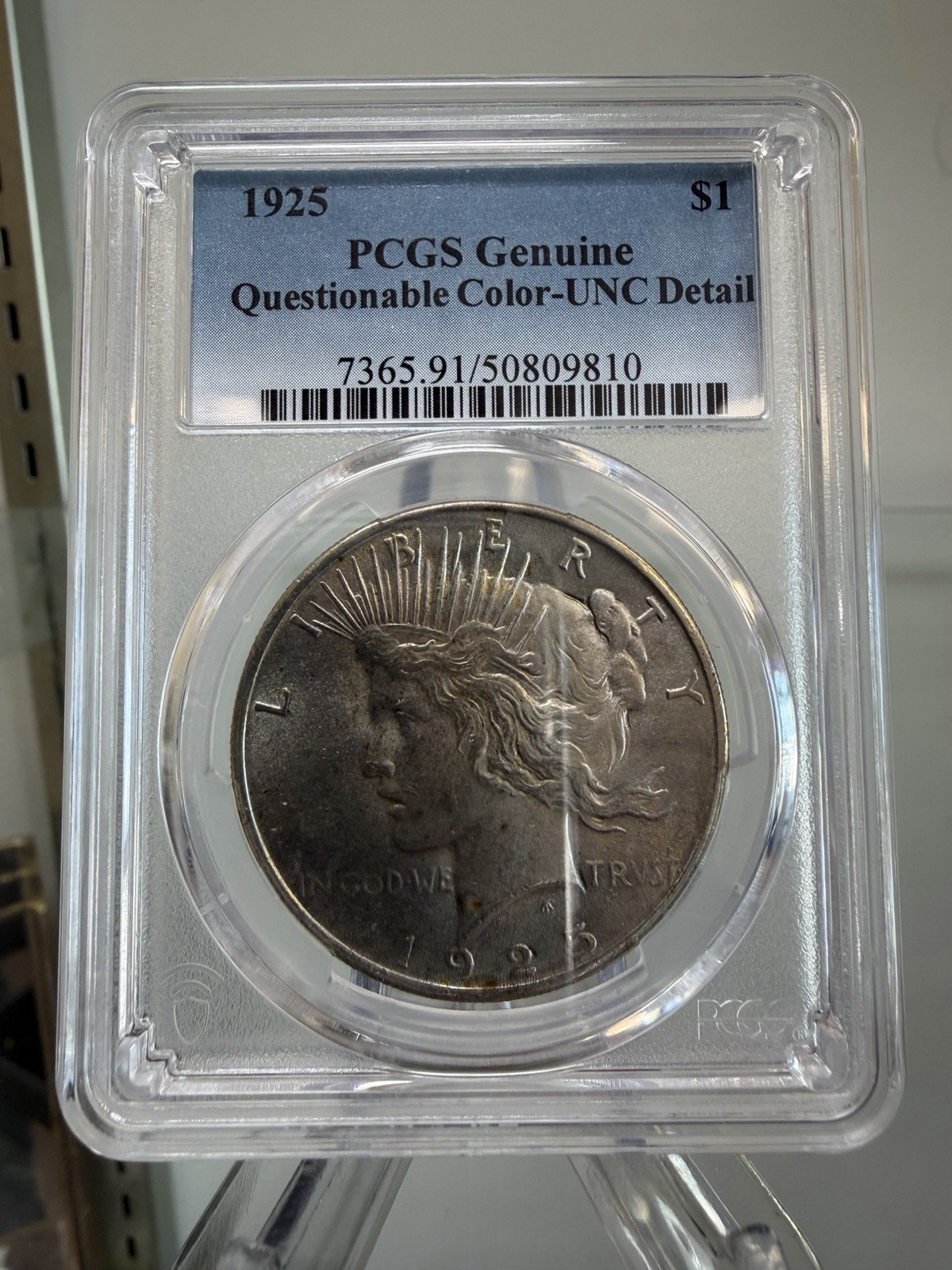 1925 Silver Peace 1 Dollar PCGS Questionable color Unc Detail