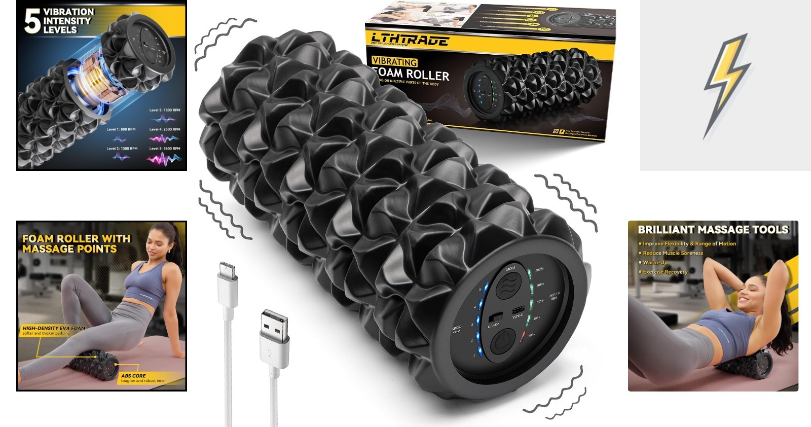 Vibrating Foam Roller 13In Rechargeable Massage Tool Deep Tissue Therapy