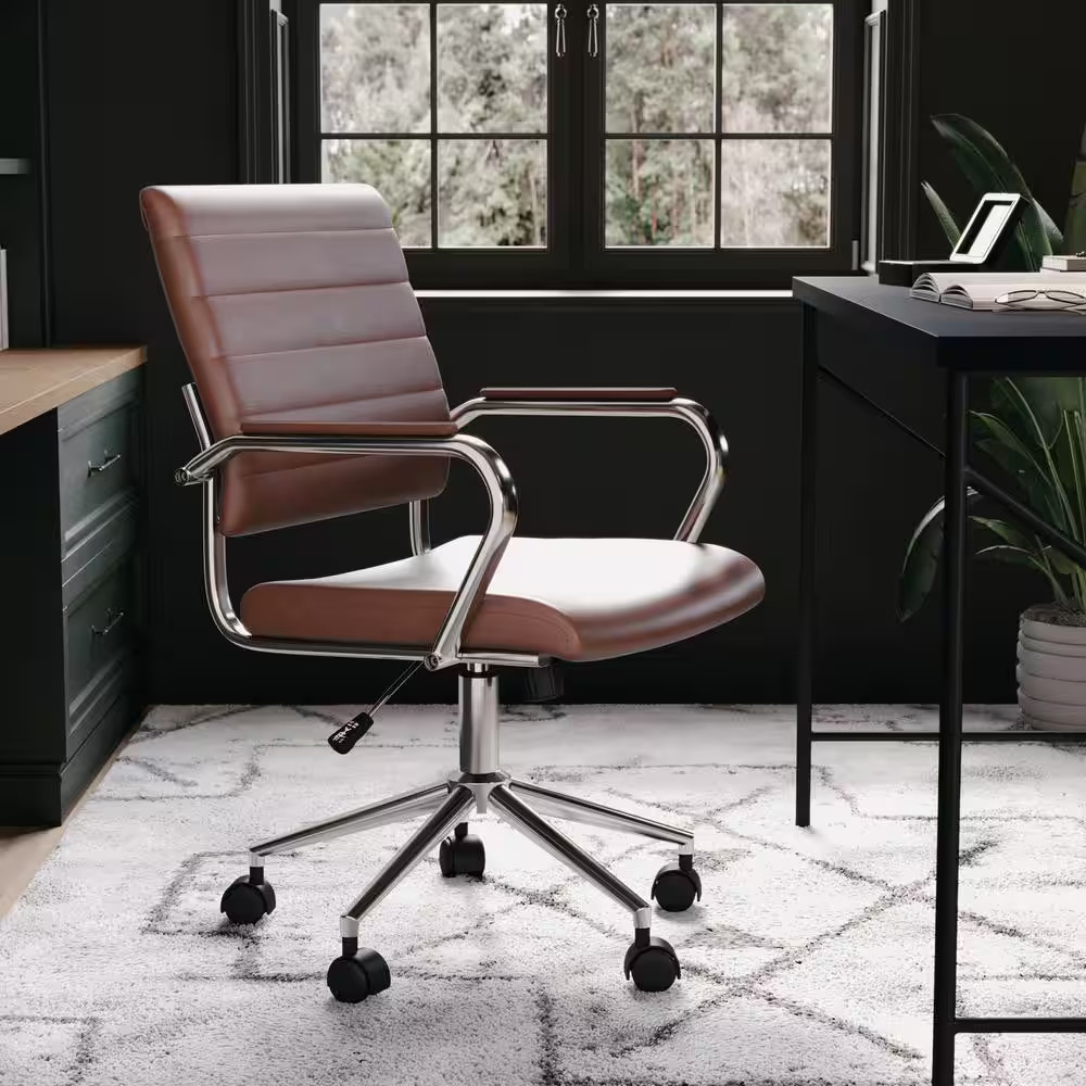Piper Faux Leather Adjustable Height with Wheels Office Chair in Saddle Brown Fa