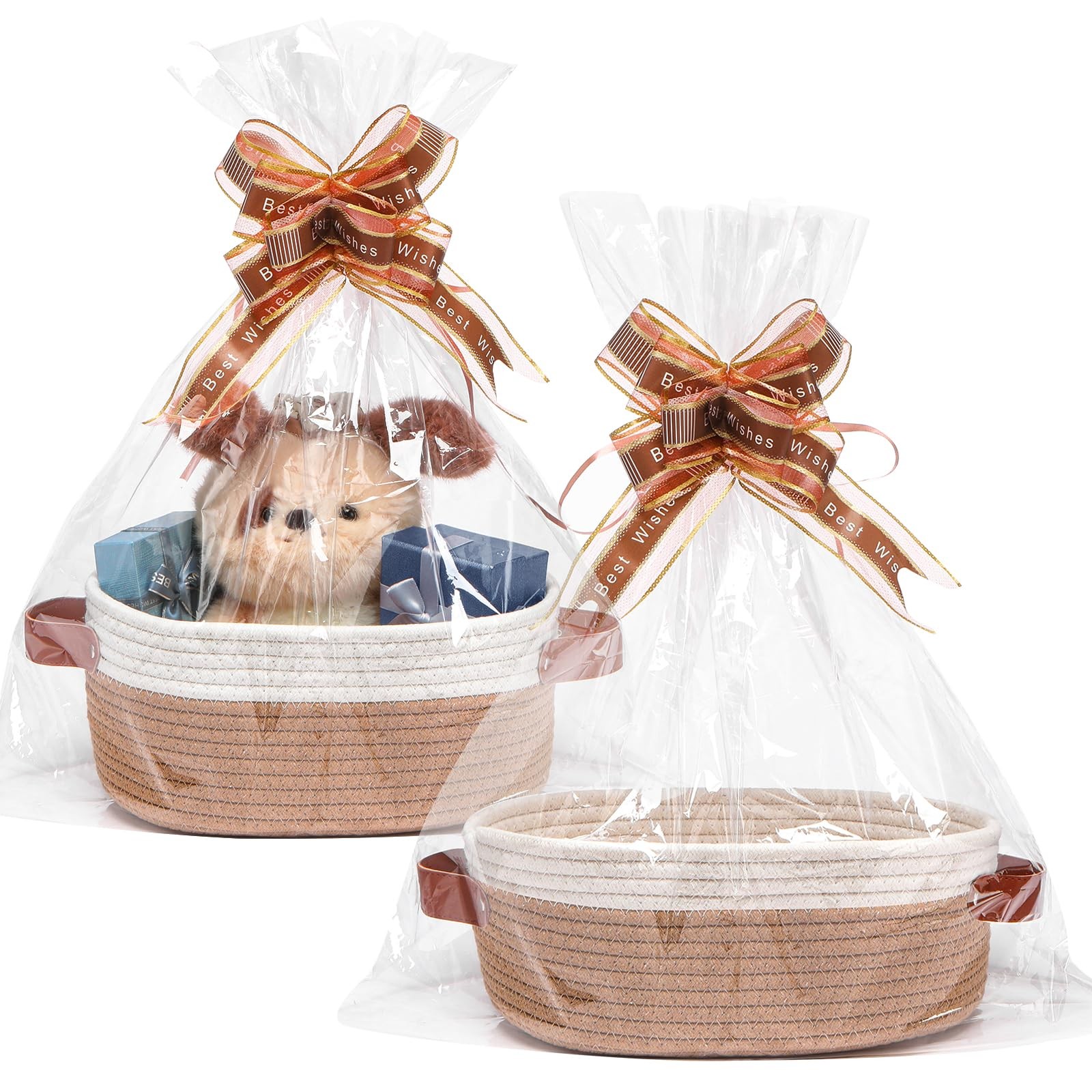 2 Pack Woven Basket with Gift Bags and Ribbons, Gift Basket Empty for Organiz...