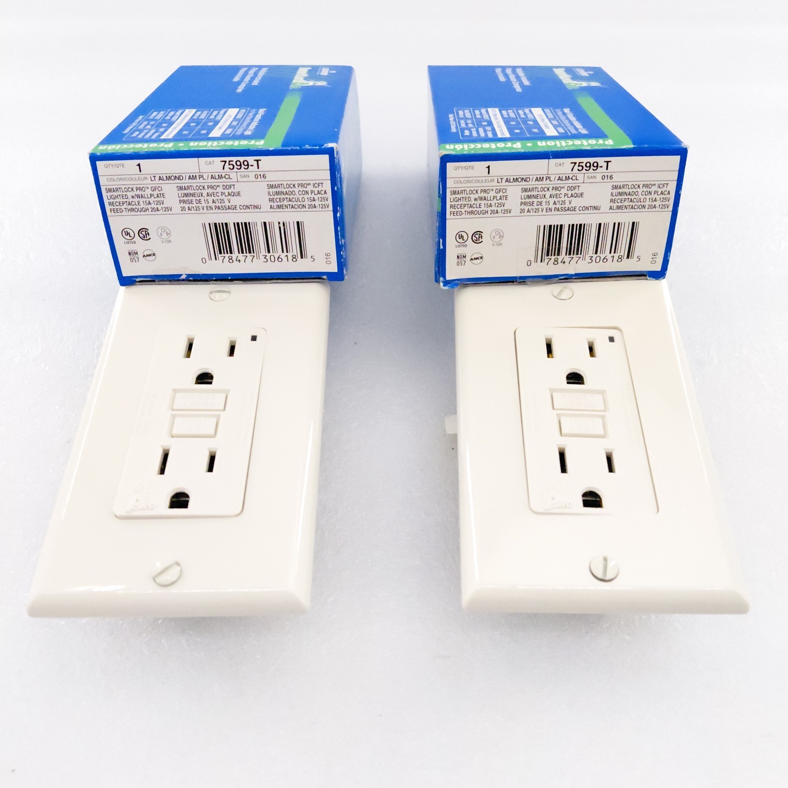 (QTY : 2) Leviton 7599-T Smartlock Pro GFCI Lighted With Wallplate Light Almond