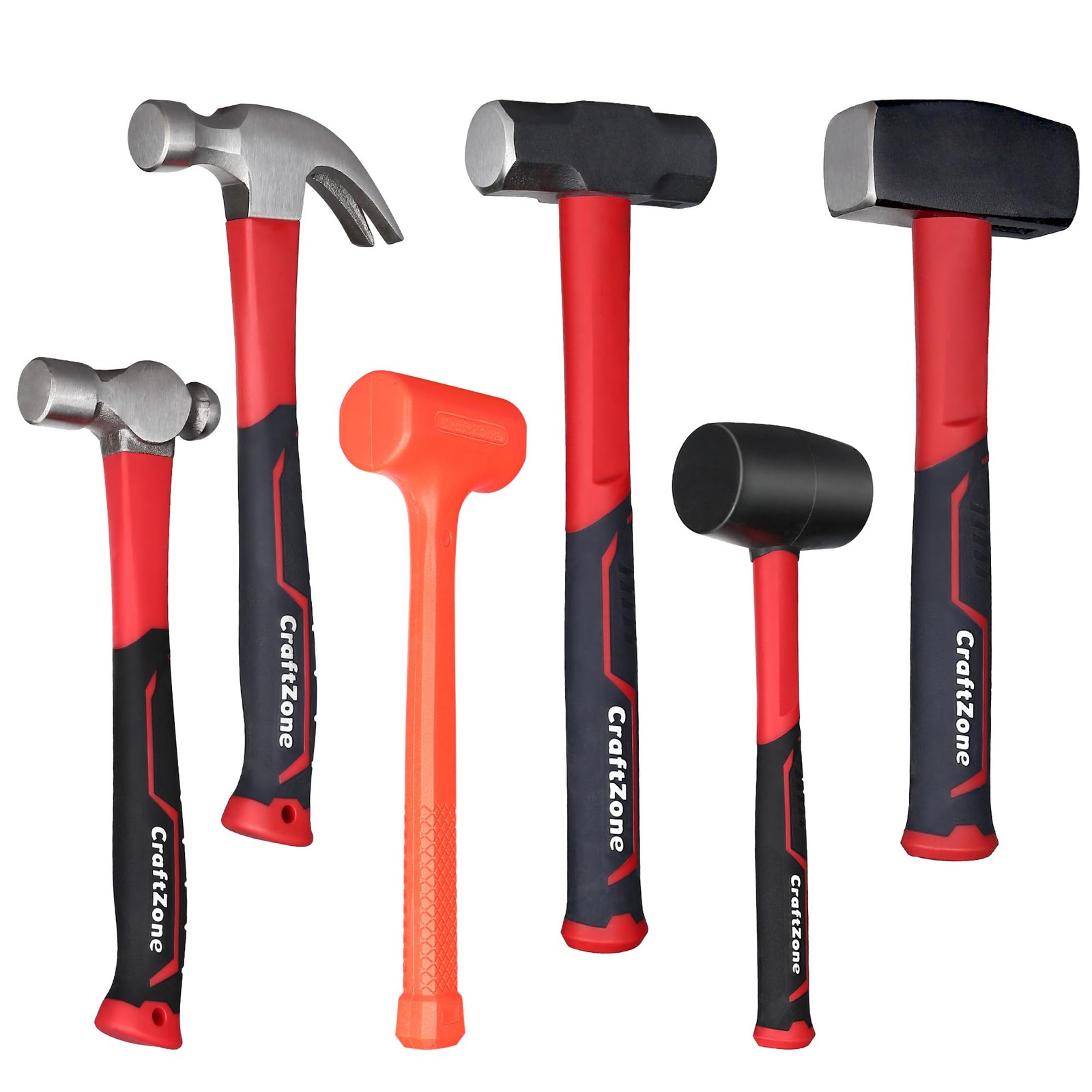6-Piece Rubber Mallet Hammer Set with 2lb Dead Middle, Black/White/Red/Orange