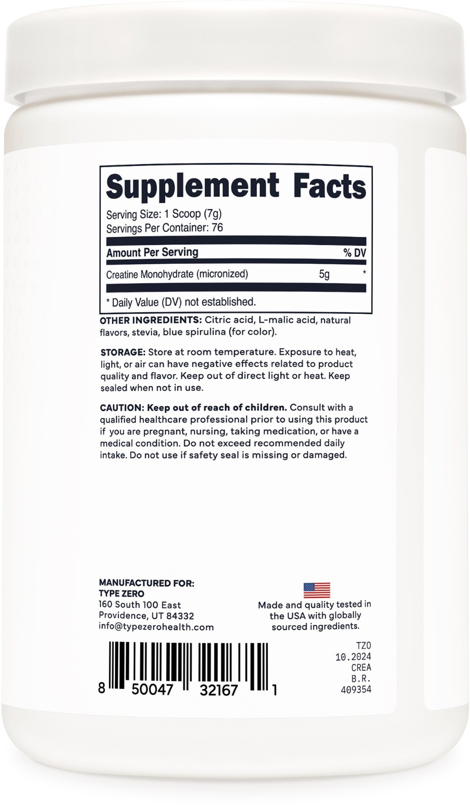 TypeZero Creatine Monohydrate Powder 500 Grams, Blue Raspberry Flavor