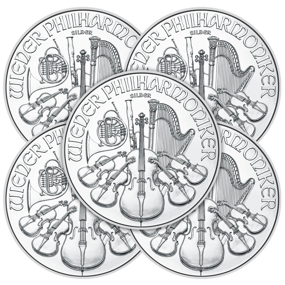 Lot of 5 - 2025 1.50 Euro Silver Austrian Philharmonic 1 oz BU