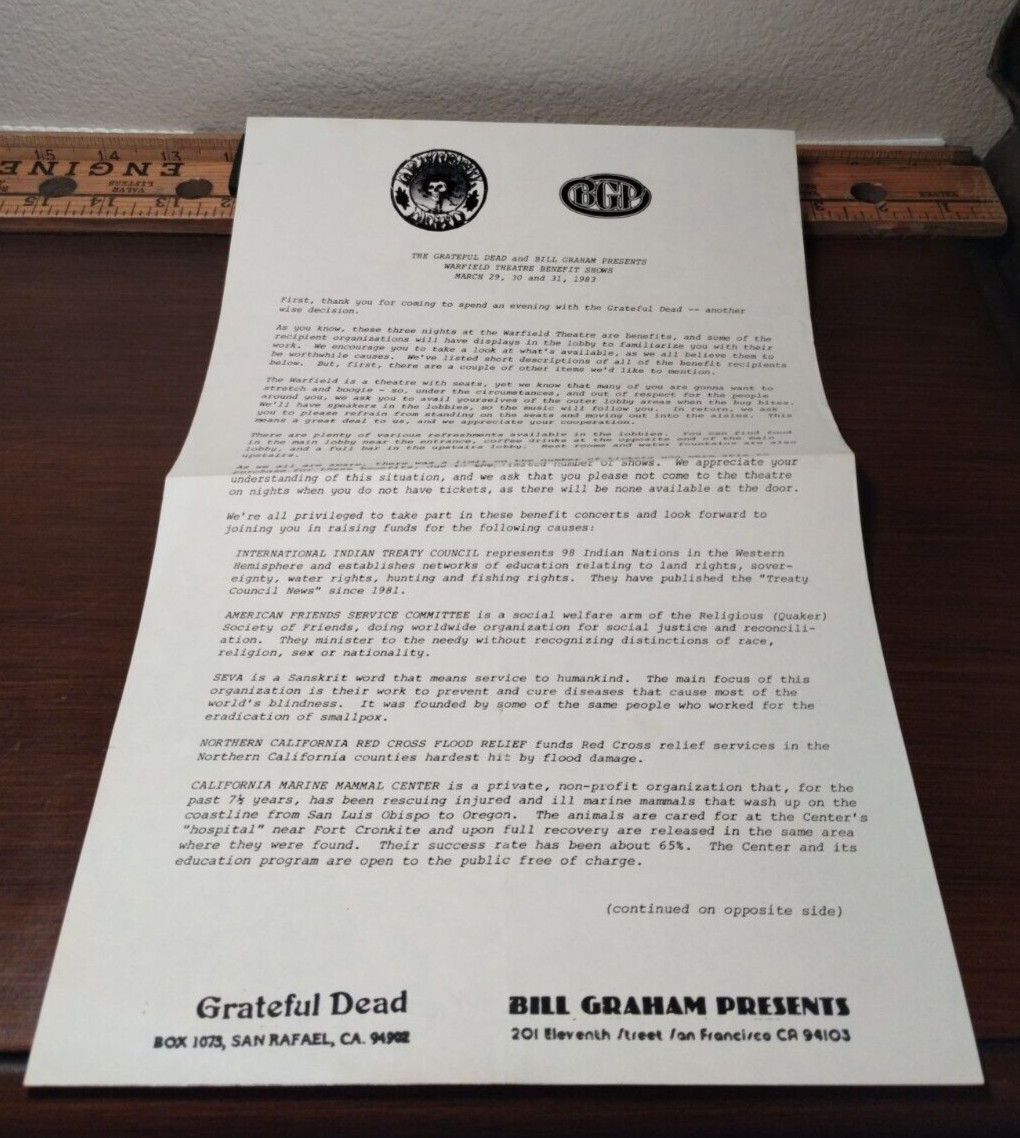 GRATEFUL DEAD Ephemera Warfield Theatre March 1983 Bill Graham Benefit Shows