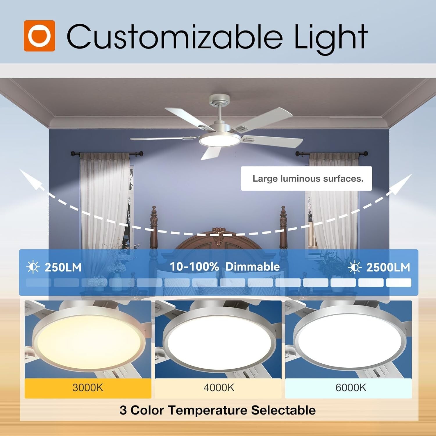 52" Silver Ceiling Fan with Lights Remote Reversible Dimmable Noiseless