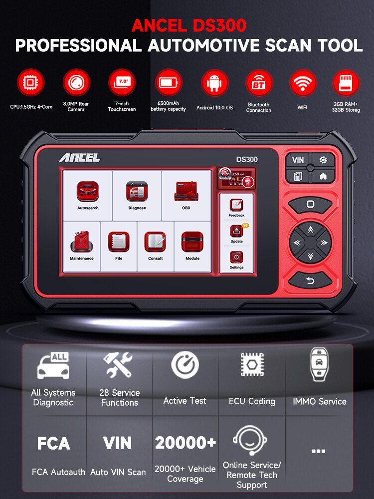 ANCEL DS300 Bidirectional OBD2 Scanner Car Diagnostic Tool ECU Coding TPMS DPF