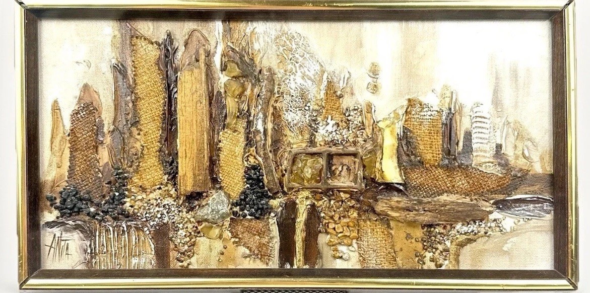 MCM Mixed Media Painting Signed Anita (Anita Baldwin) Original Abstract City Vtg