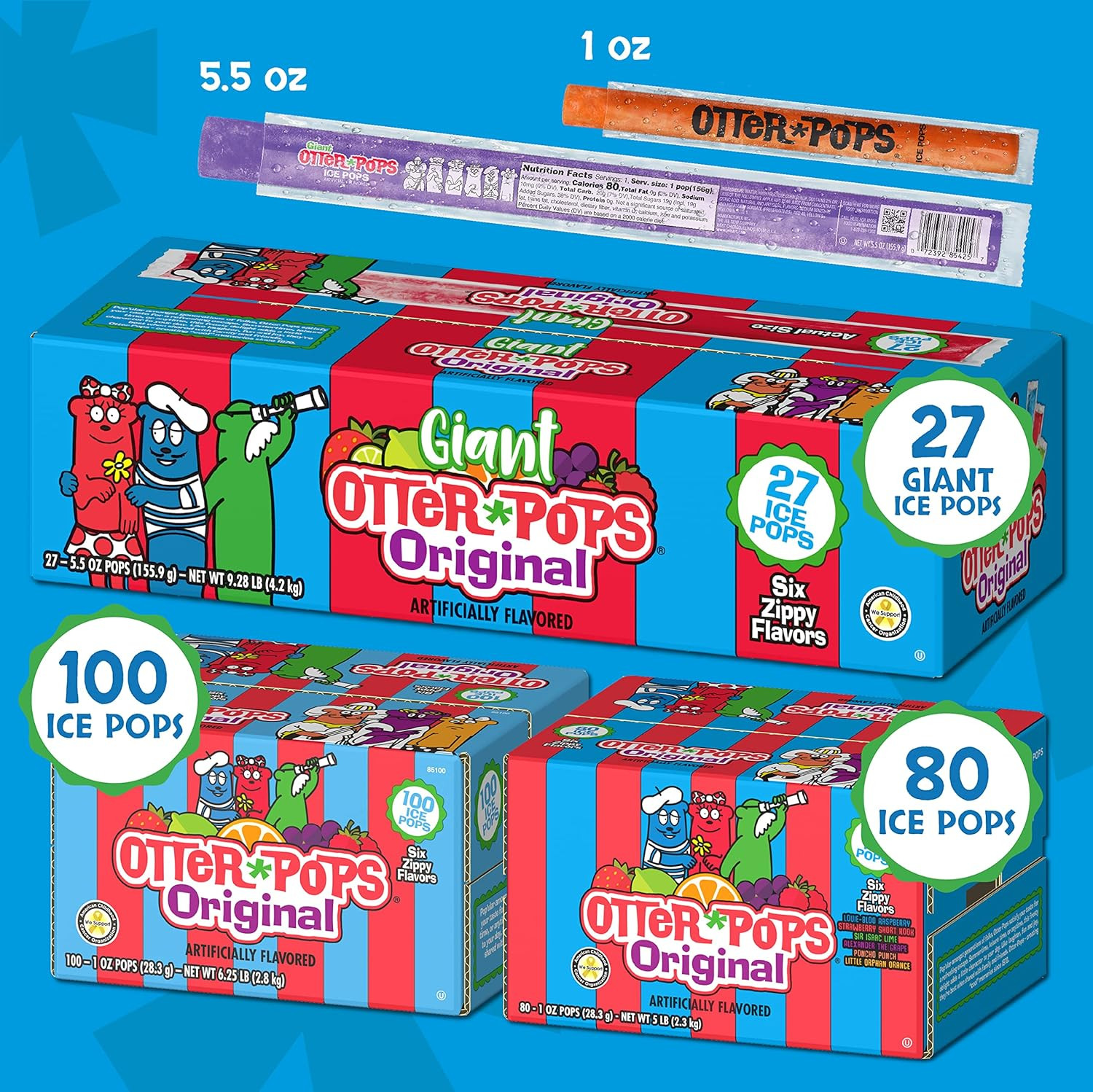 Giant Freezer Pops, Original 6 Flavors, 5.5Oz, 27 Count