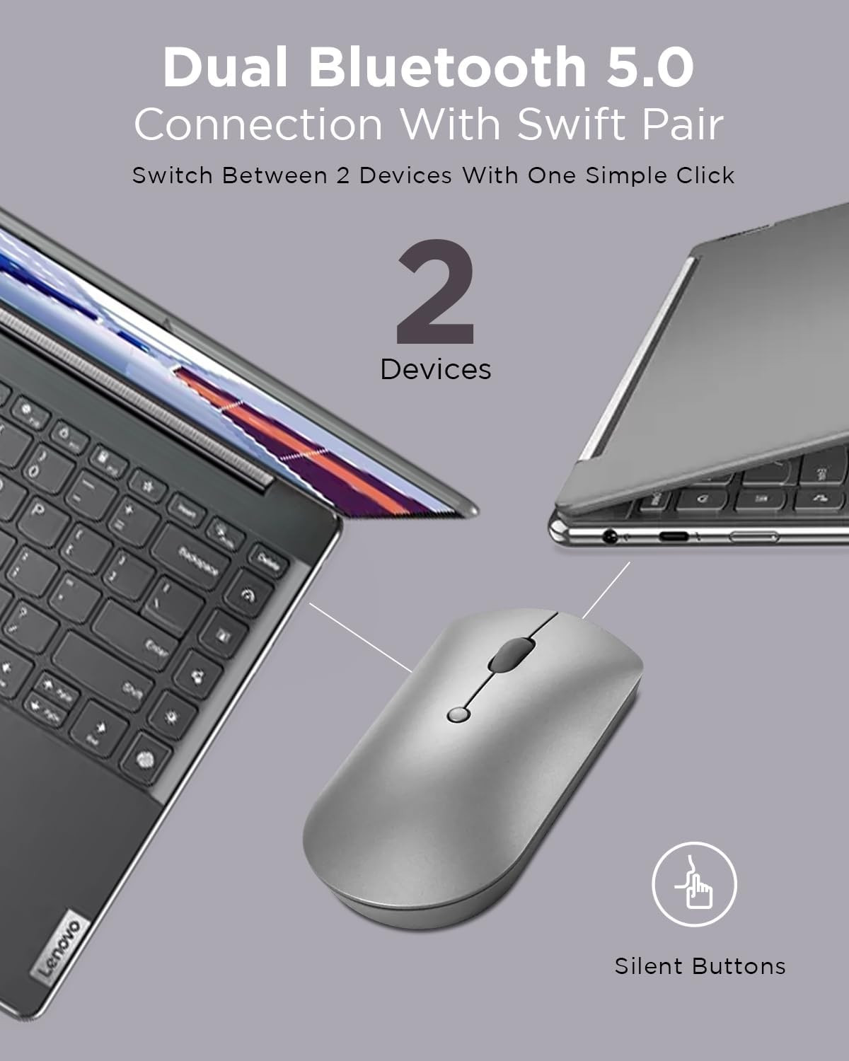 Lenovo 600 Bluetooth Silent Mouse, Blue Optical Sensor, Adjustable DPI, 4 Button