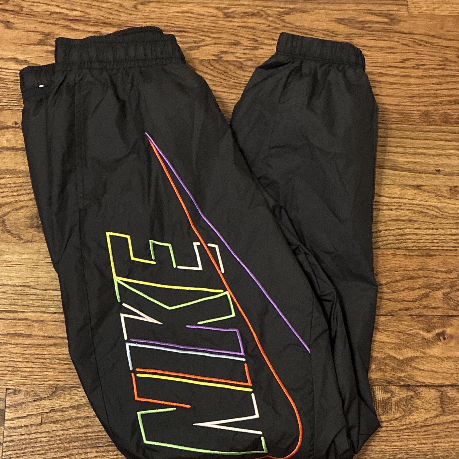 Nike Men’s Track Pants S Black/Multicolor Polyester Drawstring Pockets Vintage