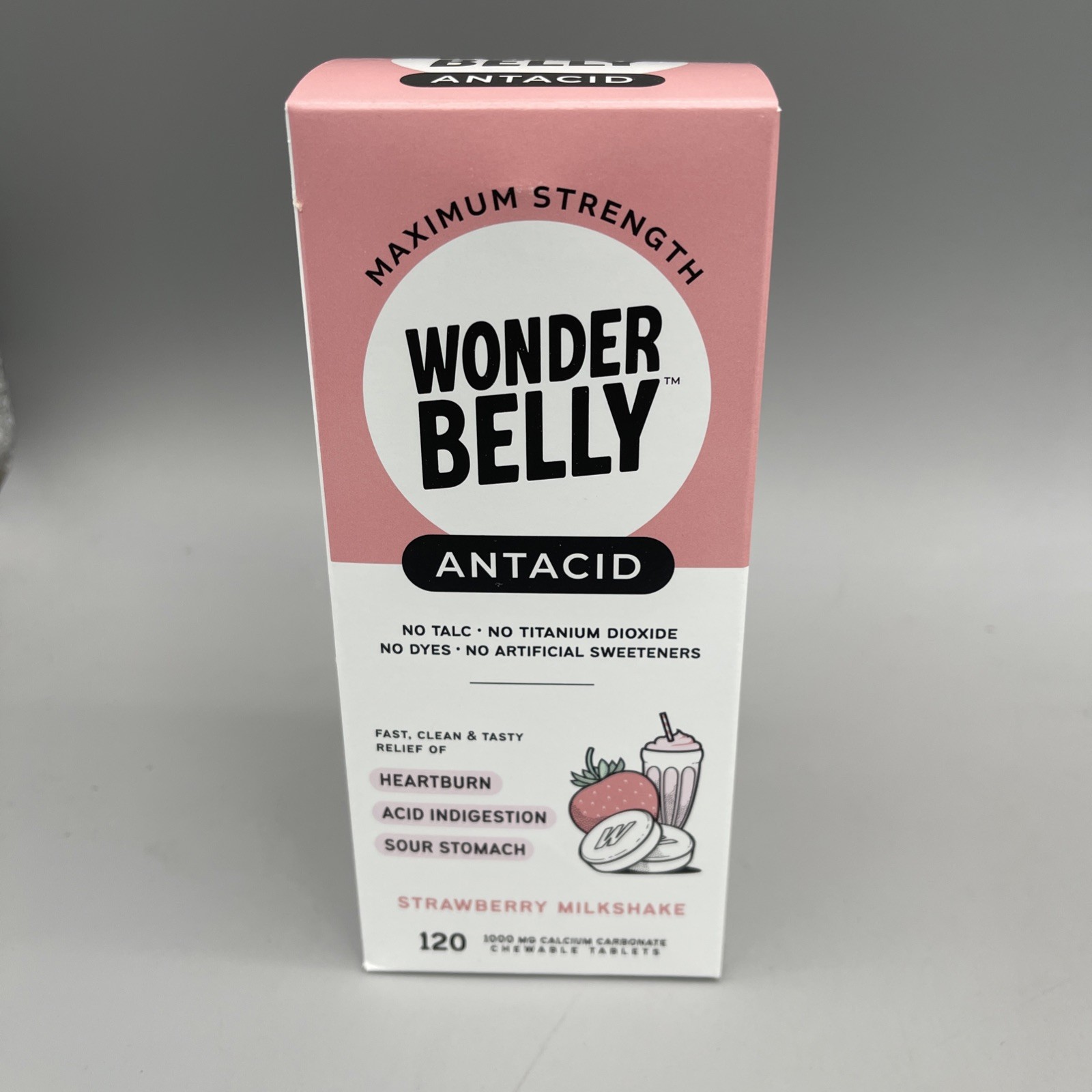 Wonder Belly Strawberry Milkshake Antacid Tablets 120 ct Exp 07/26