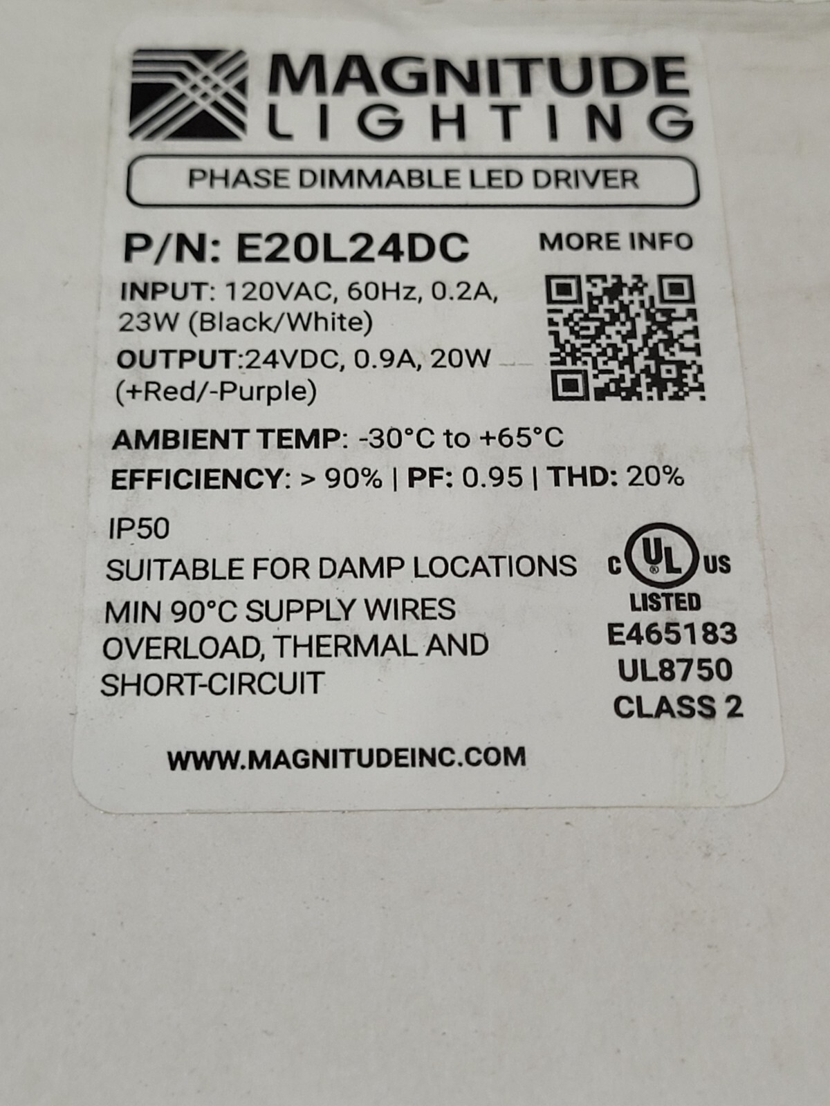 Magnitude E-Series LED Driver 20 Watt Phase Dimmable 120V Input 24VDC