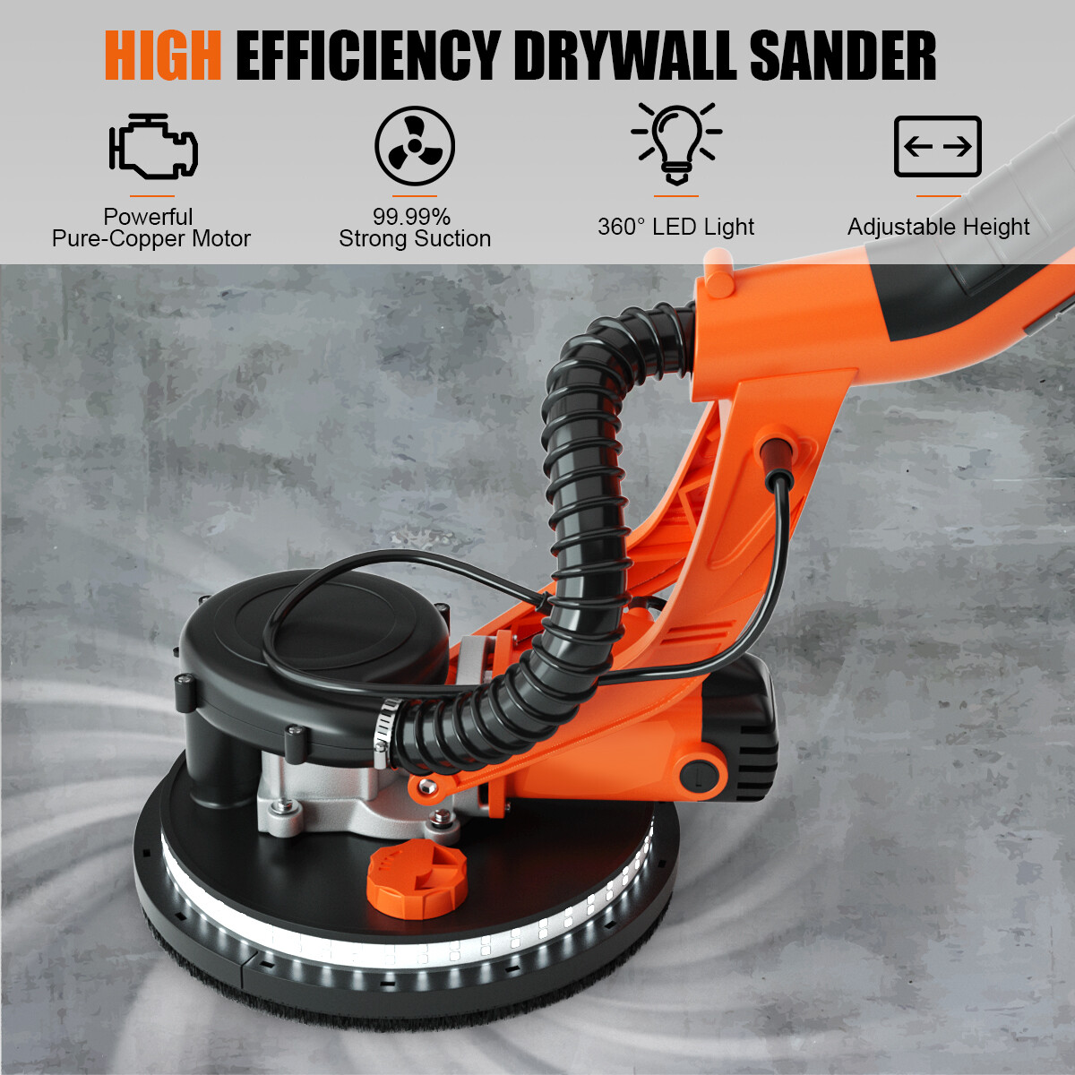 Electric Foldable Drywall Sander 750W Variable Speed w/Automatic Vacuum & Lights