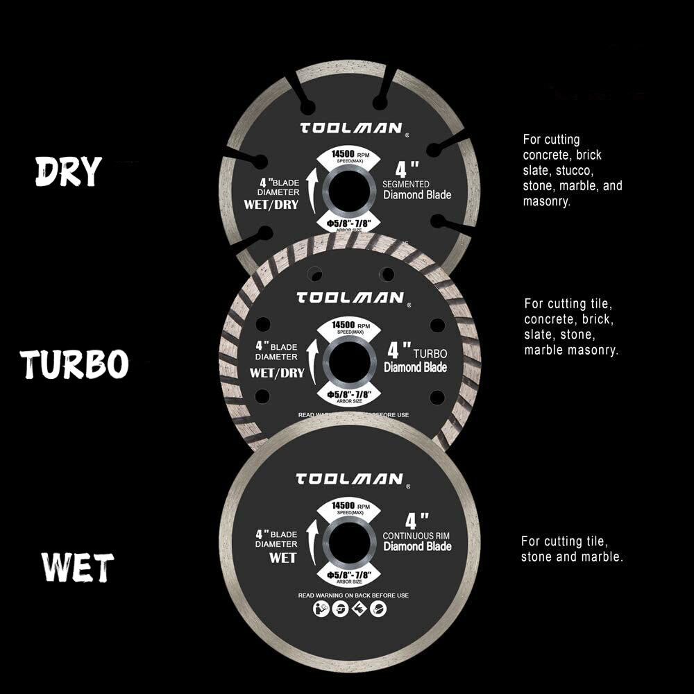 TOOLMAN 4'' Inch Diamond Blade Circular Saw Tile Masonry, (Wet, Dry, Turbo)
