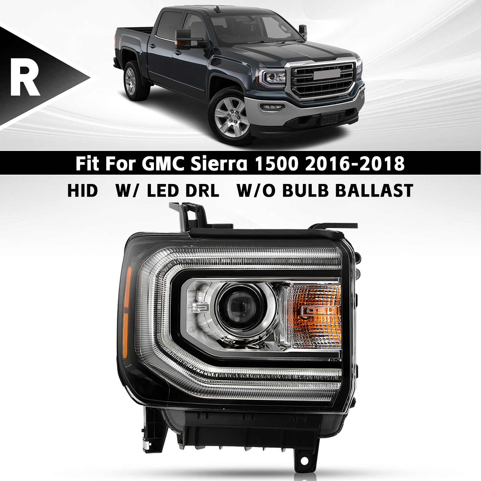 HID/Xenon Headlight w/ LED DRL For 2016-2018 GMC Sierra 1500 Right Passenger