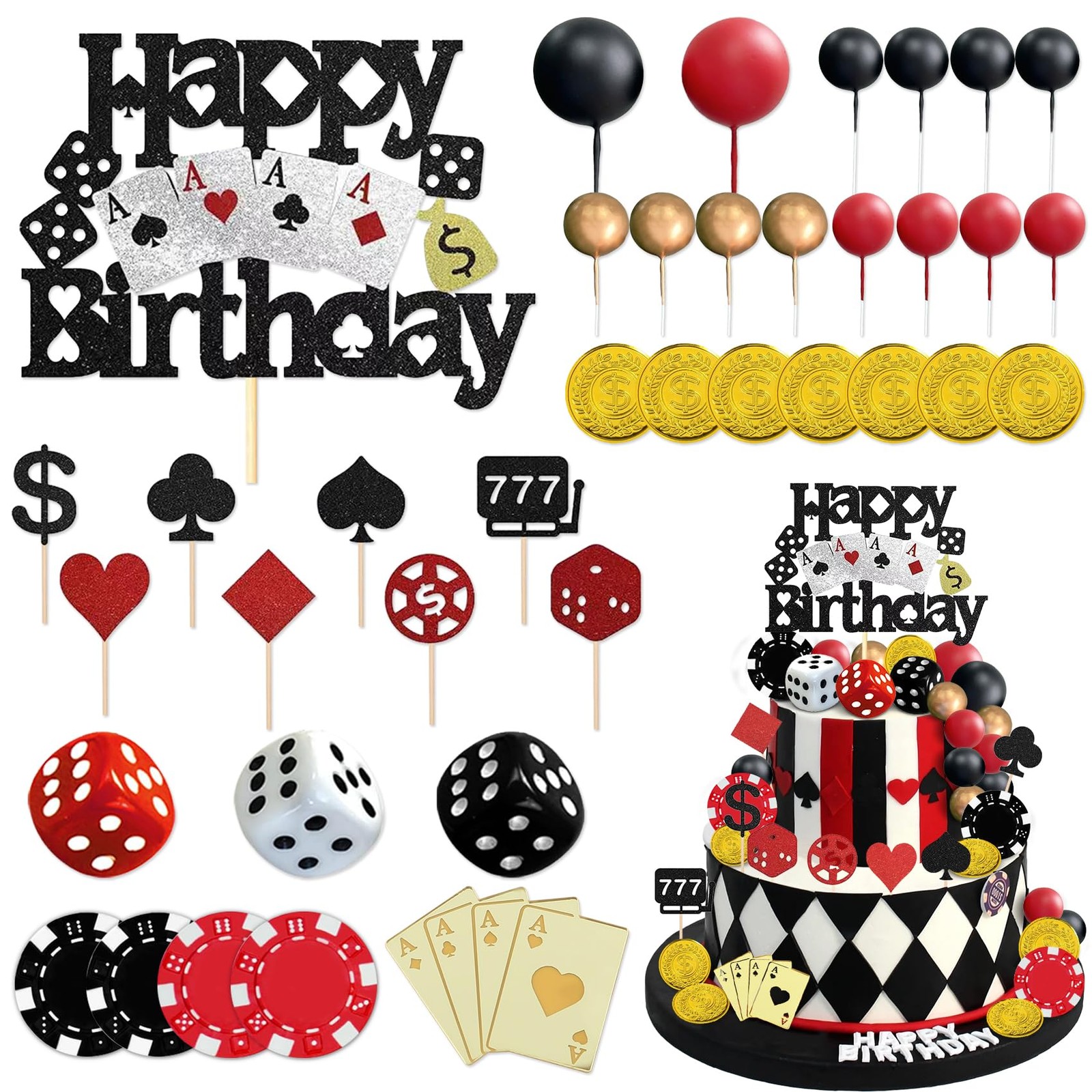 Knana 35Pcs Casino Cake Toppers Dice Poker Topper 3 inches, Gold, Red