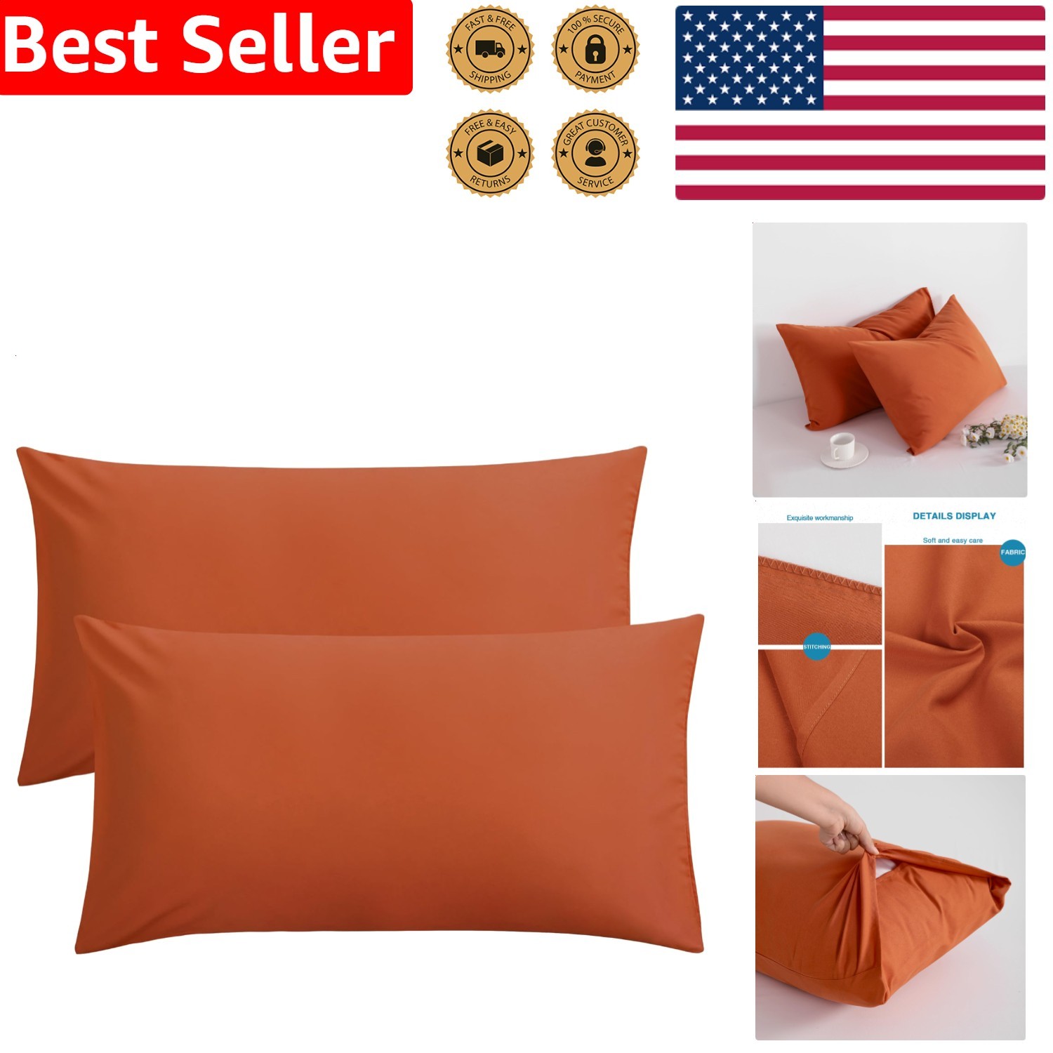 2 King Pillowcases 20x36 Burnt Orange Soft Microfiber Stain Fade Resistant