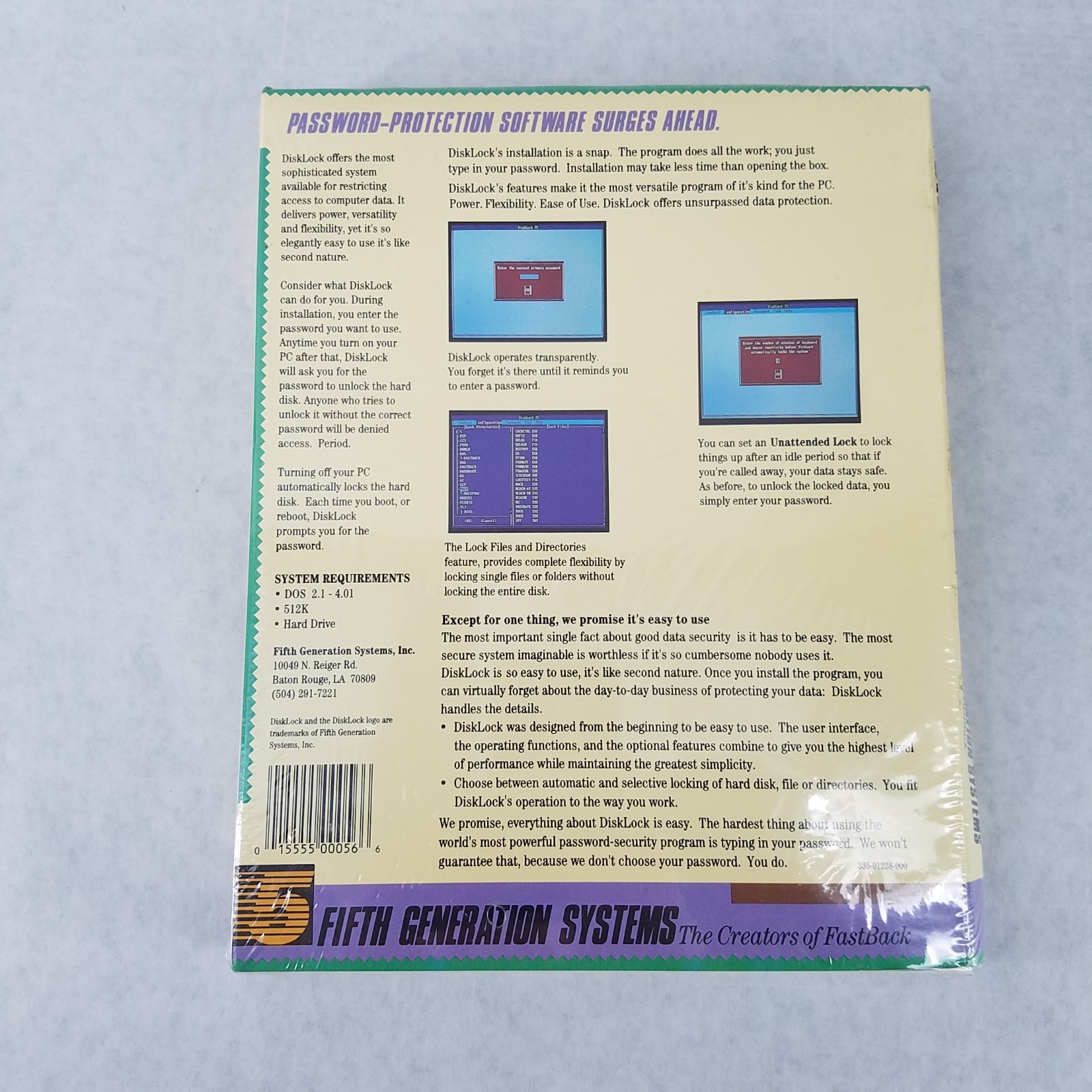 Disklock Fifth Generation Systems IBM PC/XT/AT, PS-2 Vintage Software - SEALED