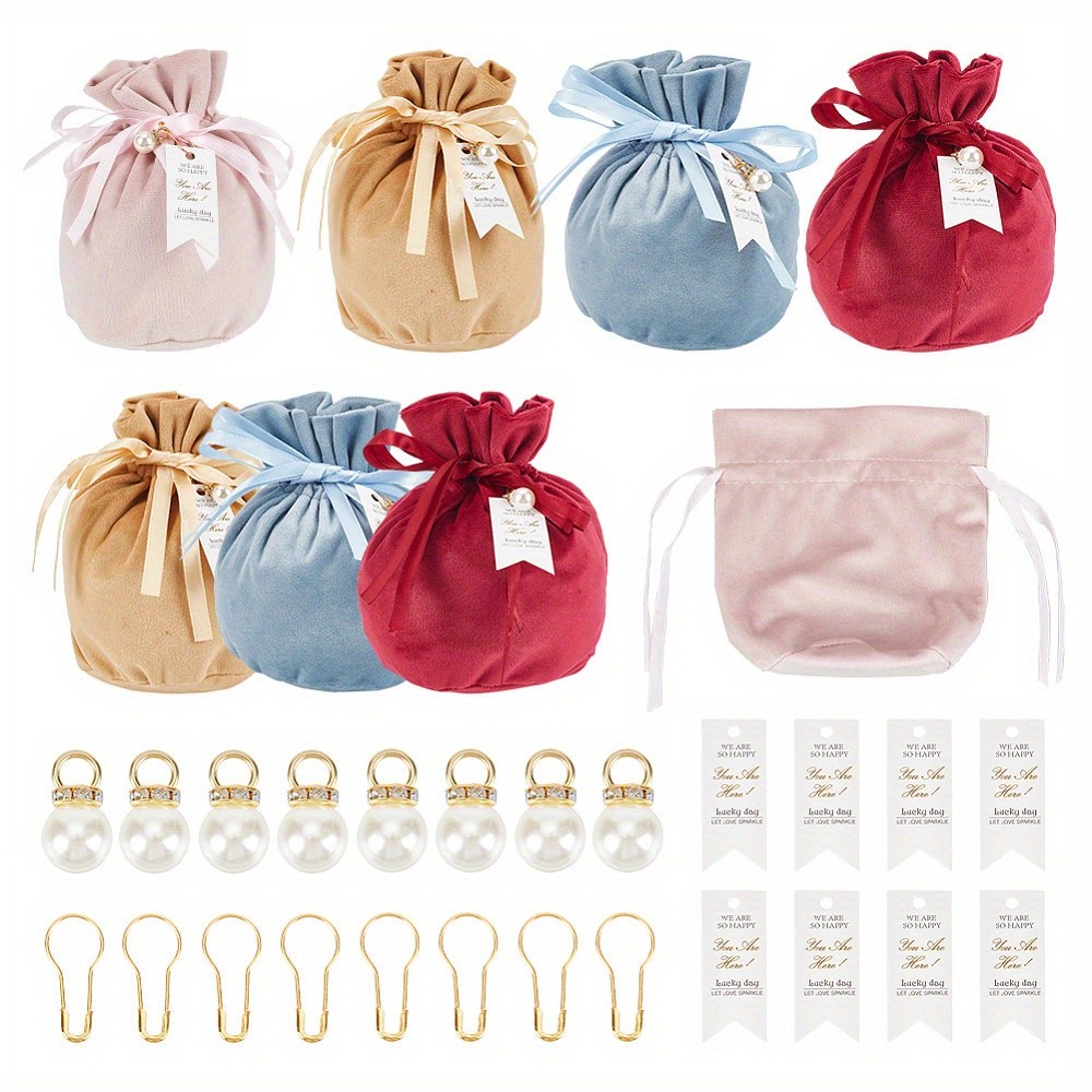 1bag 8sets 4 colors Velvet Cloth Drawstring Pouches Jewelry Bags with & Card