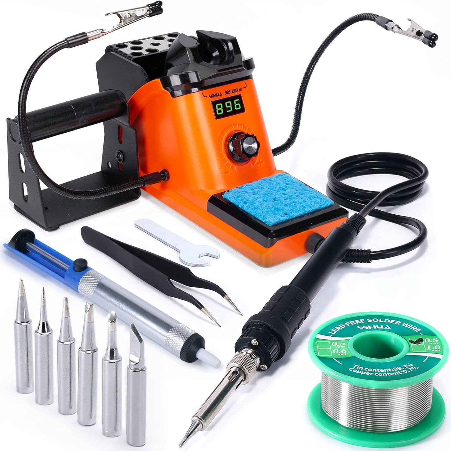 926 III 60W LED Display Soldering Iron Station Kit W 2 Helping Hands, 6 Extra Ir