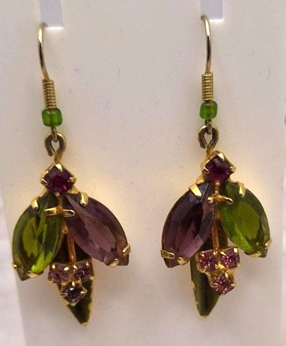 Rhinestone Leaf Earrings Elegant Enameled Dangle Pierced Elegant Nature Inspired