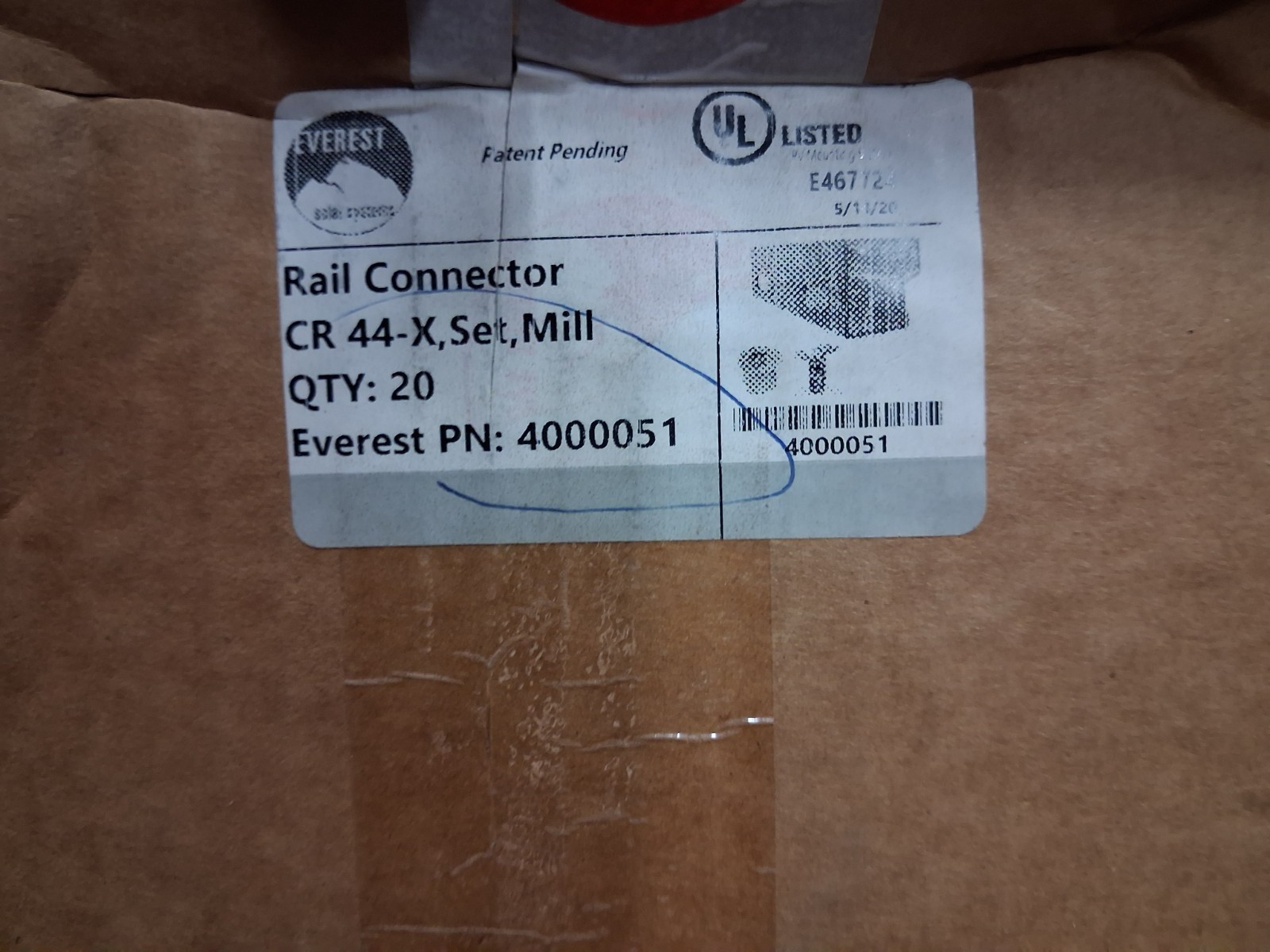 Everest Rail Connector CR 44-X, Set, Mill (P/N 4000051)  (Box of 20)