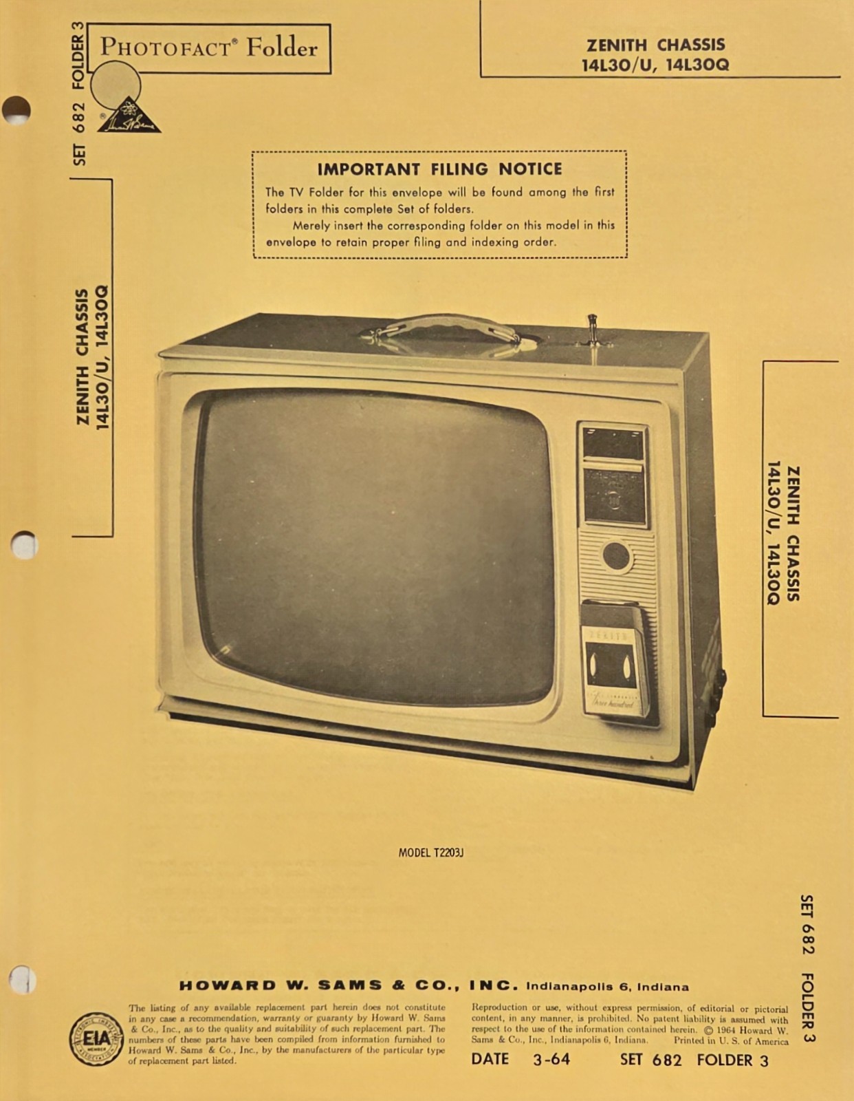 SAMS TELEVISION SERVICE MANUAL 682-3 ZENITH CHASSIS 14L30/U 14L30Q