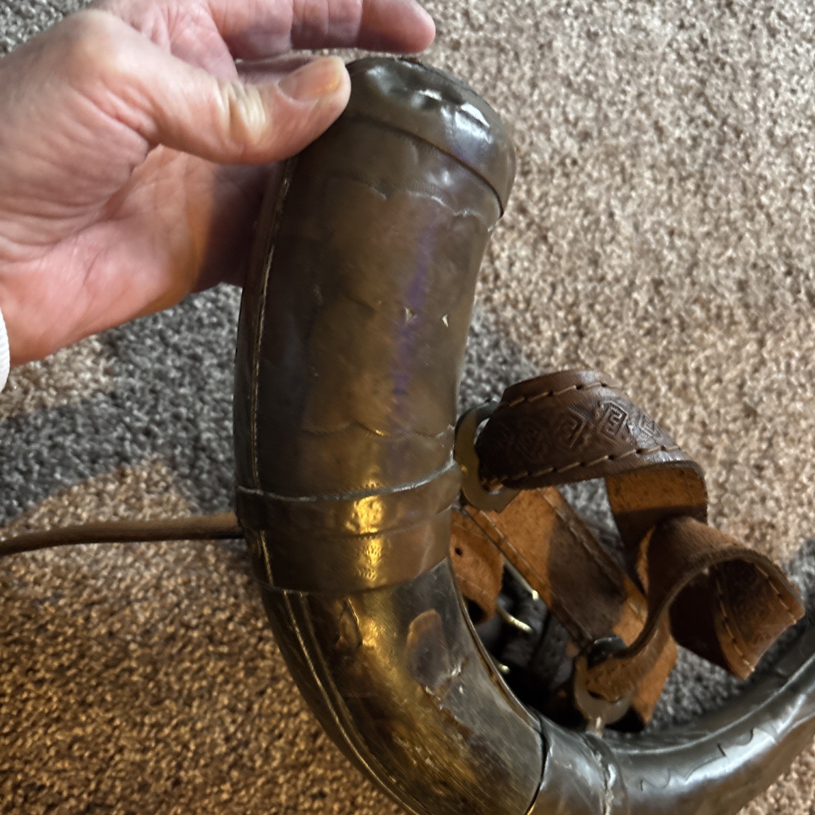 Vtg 12” Moroccan Wood POWDER HORN w/Brass Fittings & Leather Strap, Intricate
