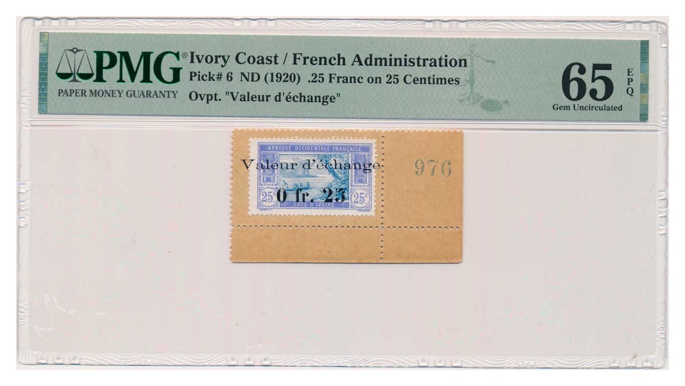 IVORY COAST banknote 0.25 Franc on 25 Centimes 1920 PMG MS 65 EPQ Gem Unc