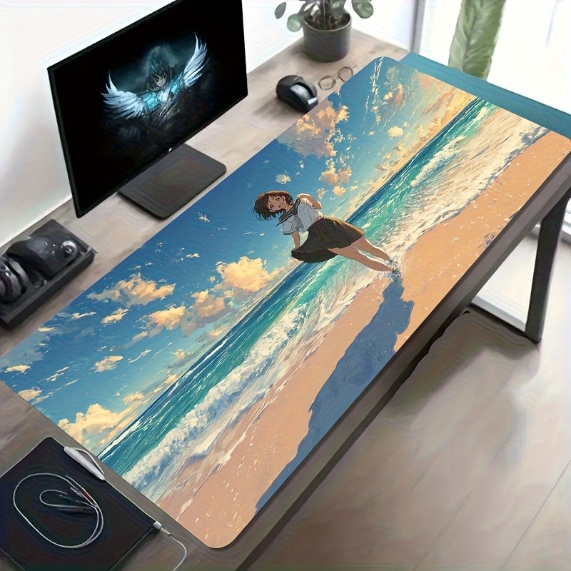 A Large Gaming Mouse Pad Featuring a Seaside Schoolgirl with a Blue Sky, White