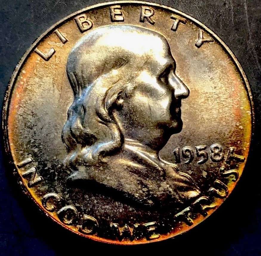 1958-D Franklin Half Dollar GEM BU Rainbow Toned Dual Toned Gem