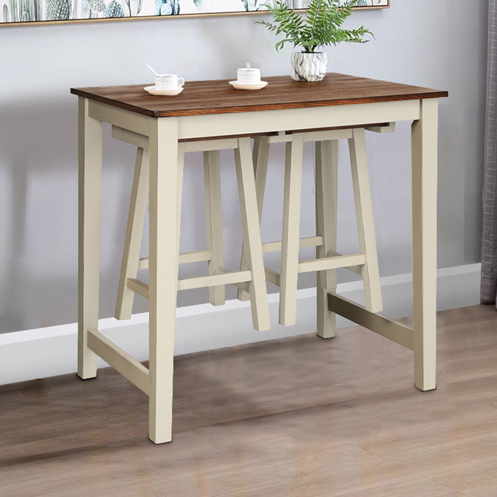 3-Piece Bar Table Set Counter Pub Table& 2 Saddle Bar Stools w/ Hanging Design