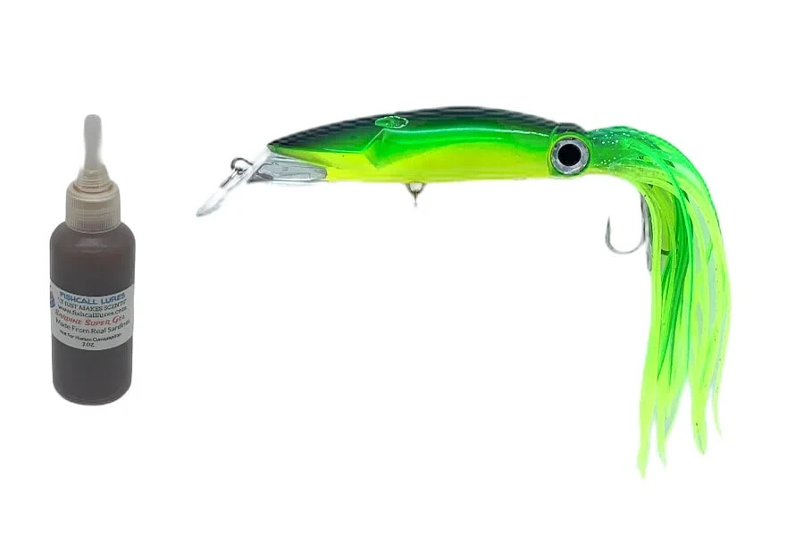 Scented fishing lure 6-inch Squid.  Includes two-ounce Menhaden Scent.