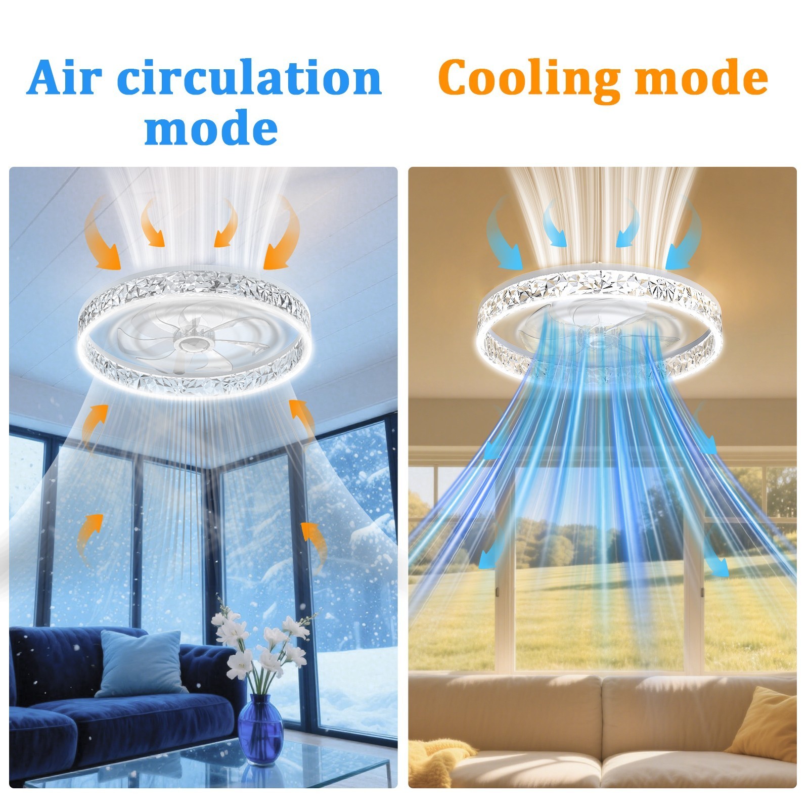 20" Modern Fan Lights Flush Mount LED Ceiling Light kit W/ Remote APP Control US