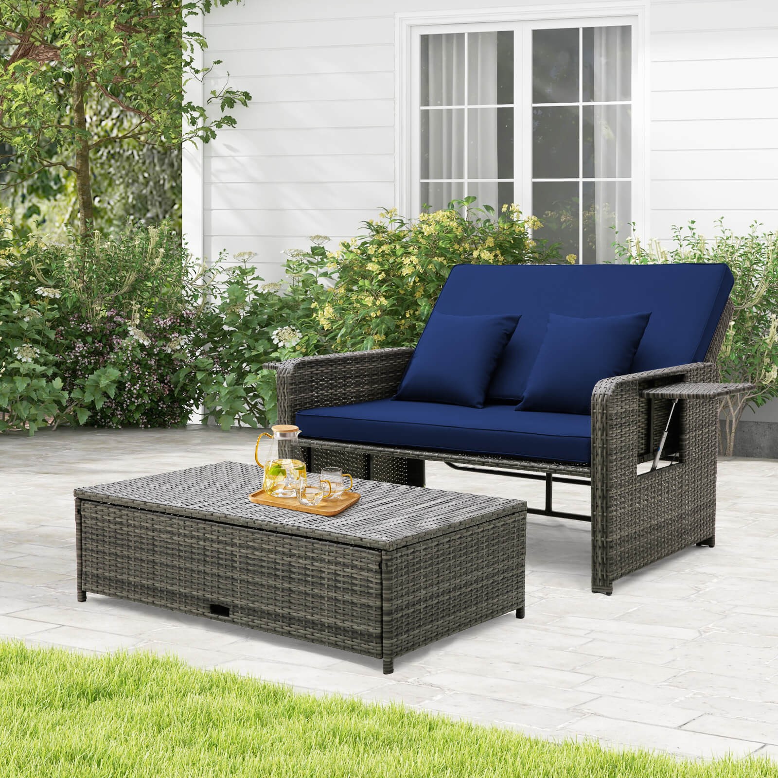 Wicker Loveseat Sofa Set Patio Rattan Daybed w/ Ottoman & Retractable Side Tray