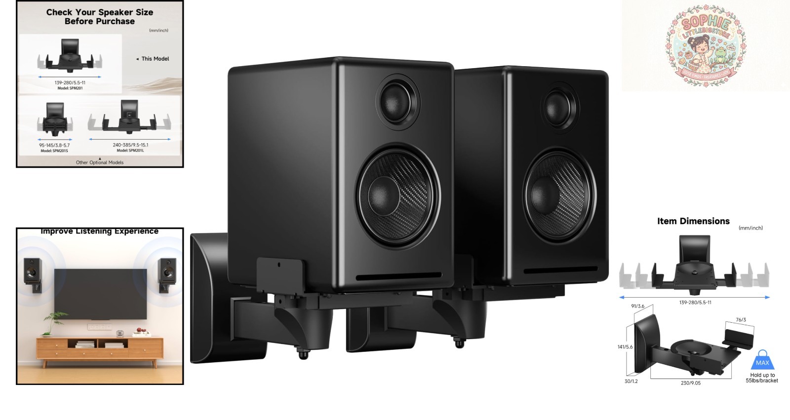 Universal Wall Mount Speaker Bracket - Adjustable Dual Stands, 55lbs Capacity