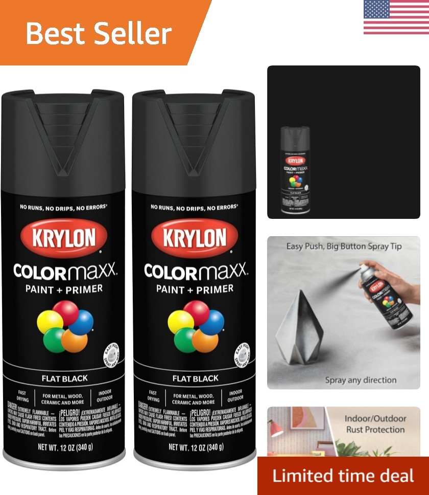 Flat Black COLORmaxx Spray Paint and Primer, 12oz Cans - Quick Drying & Durable