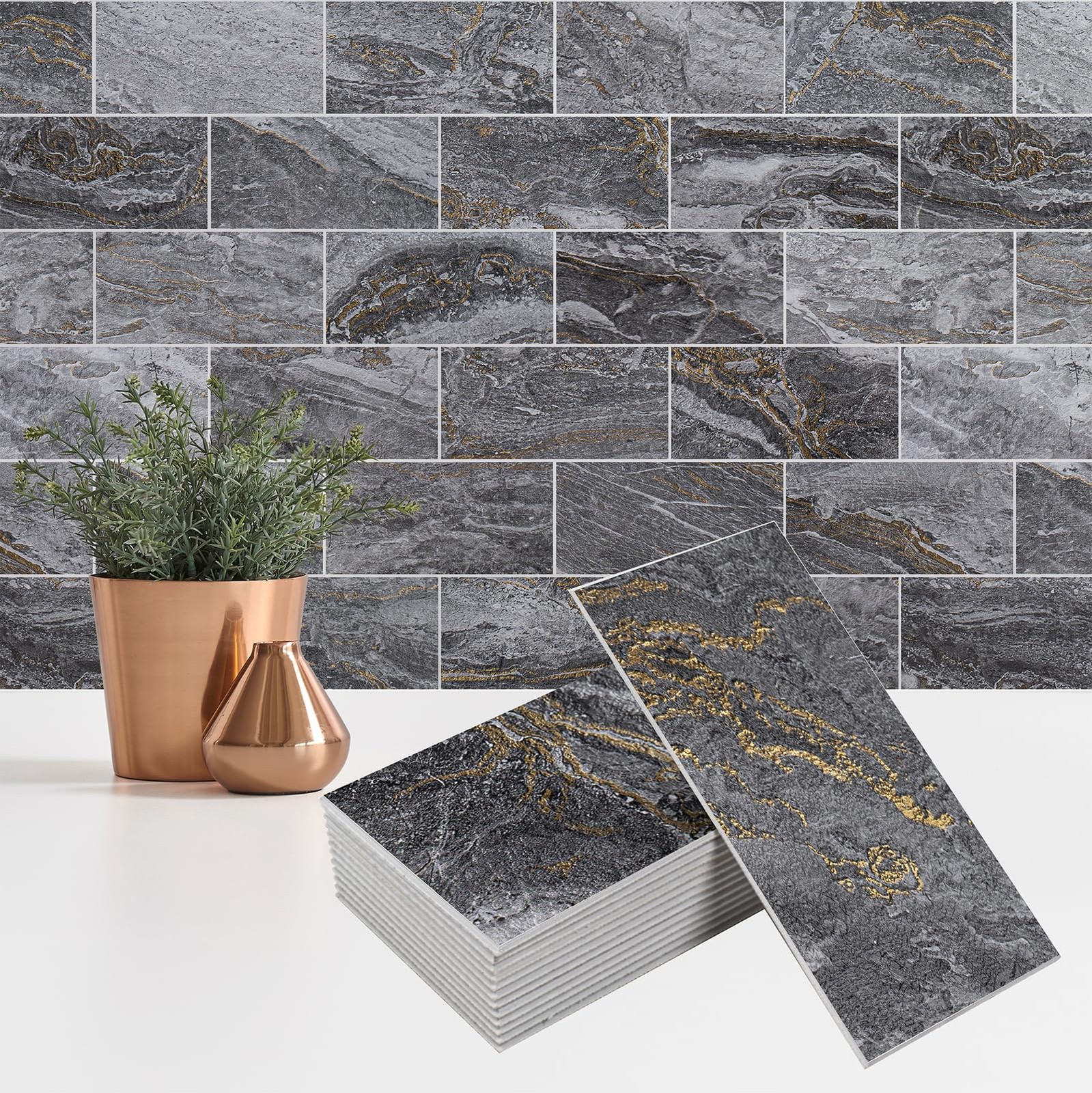 StyloVue 100 Pieces Peel and Stick 6.0" x 3.0" x 0.12", Gray-Gold Stone