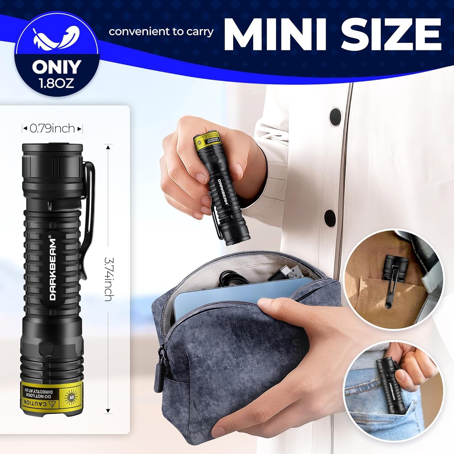 UV Black Light Flashlight Mini 365Nm - Rechargeable USB Strong Ultraviolet LED
