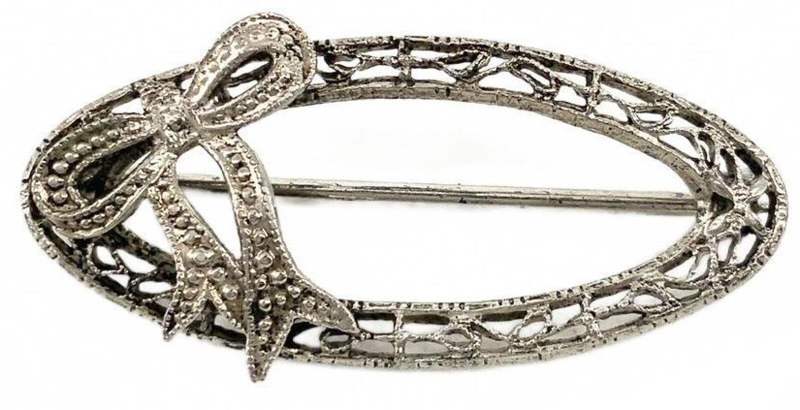 Vintage Sterling Silver Art Deco Brooch Oval Filigree Bow Pin Petite Antique