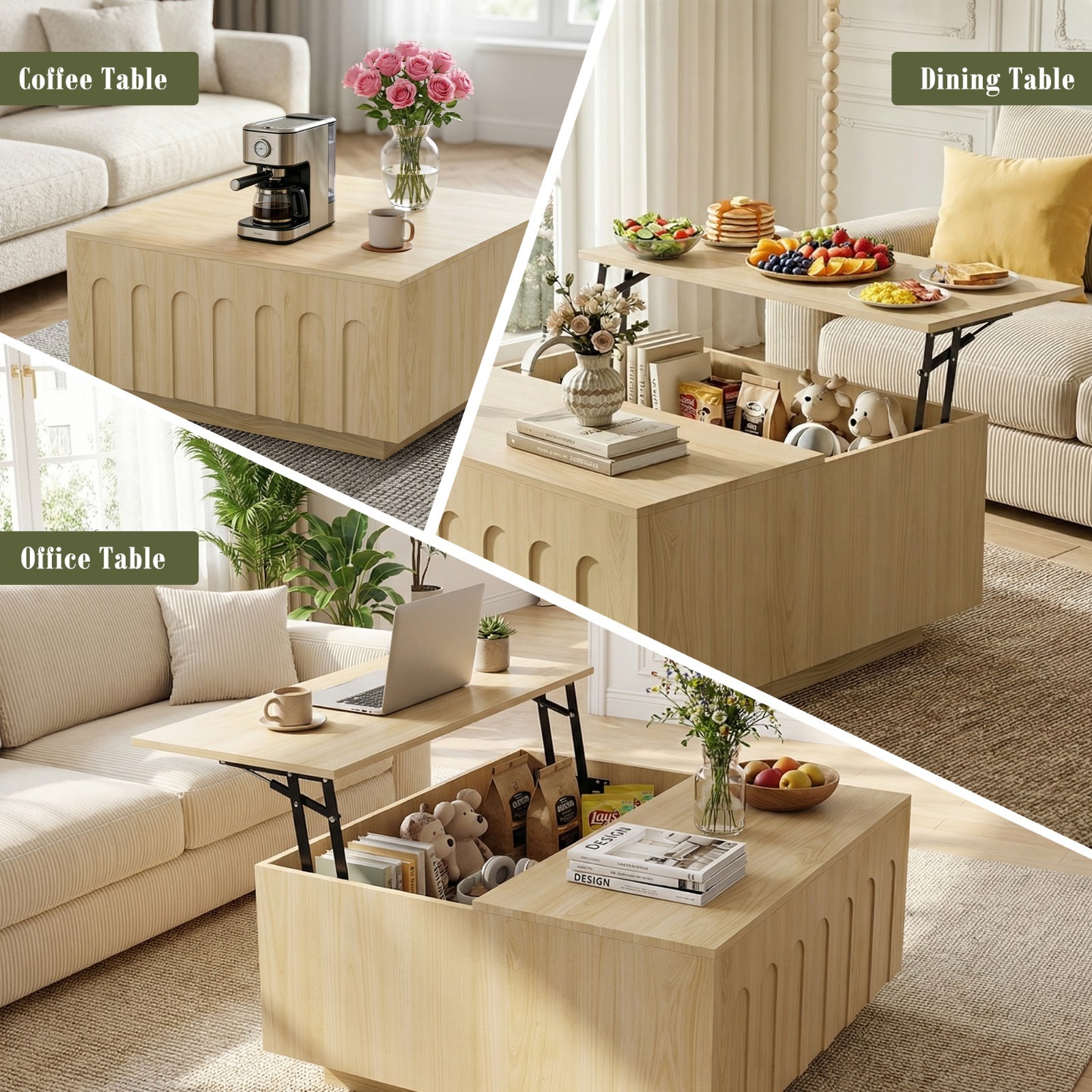 4-in-1 Lift Top Coffee Table with Storage, SquareArched Fluted Coffee table