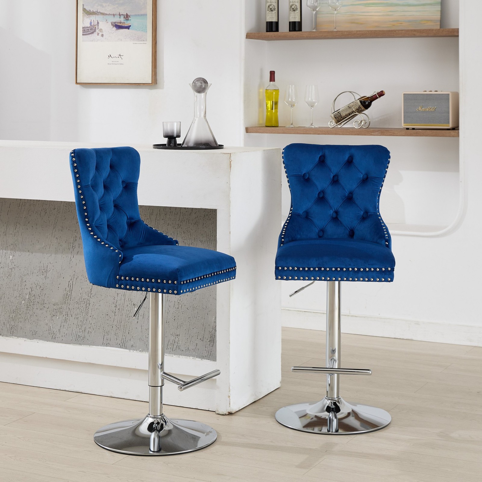 Set/2 Luxury Swivel Kitchen Barstools 25-33" Adjustable Thick Chrome Velvet Blue