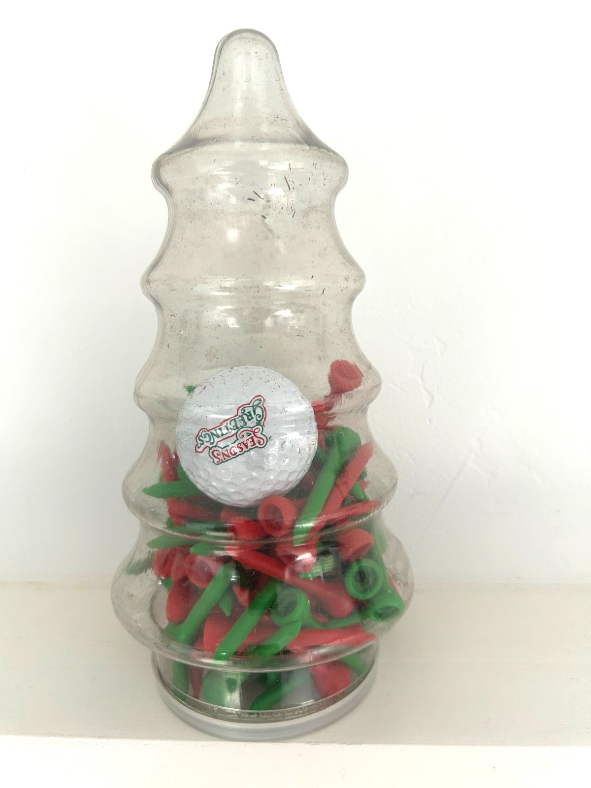 St. Andrews Christmas Decoration, Golf Tees and a golf ball in a plastic tree.