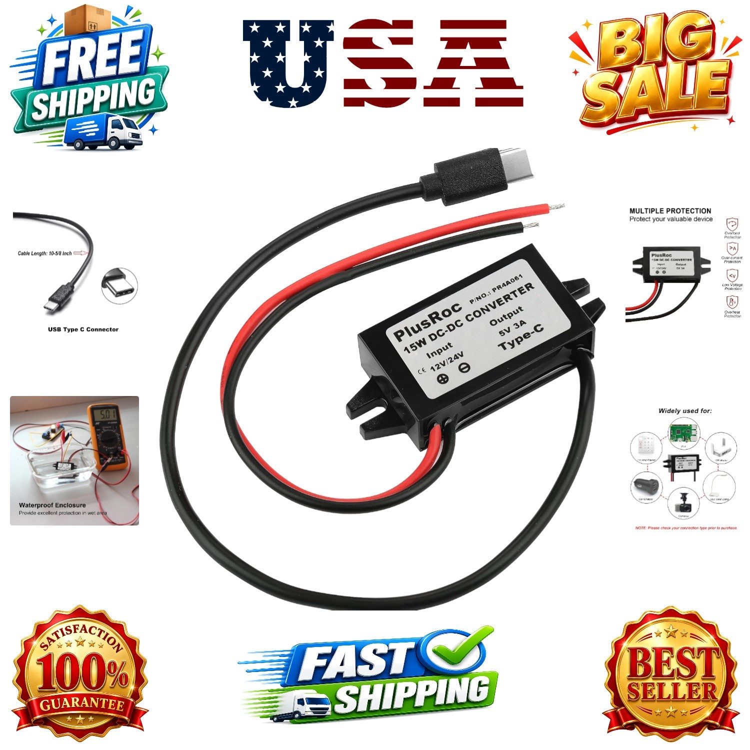 Waterproof DC 12V/24V to 5V 3A Buck Converter, USB-C Output | Stable 5V/3A Ou...